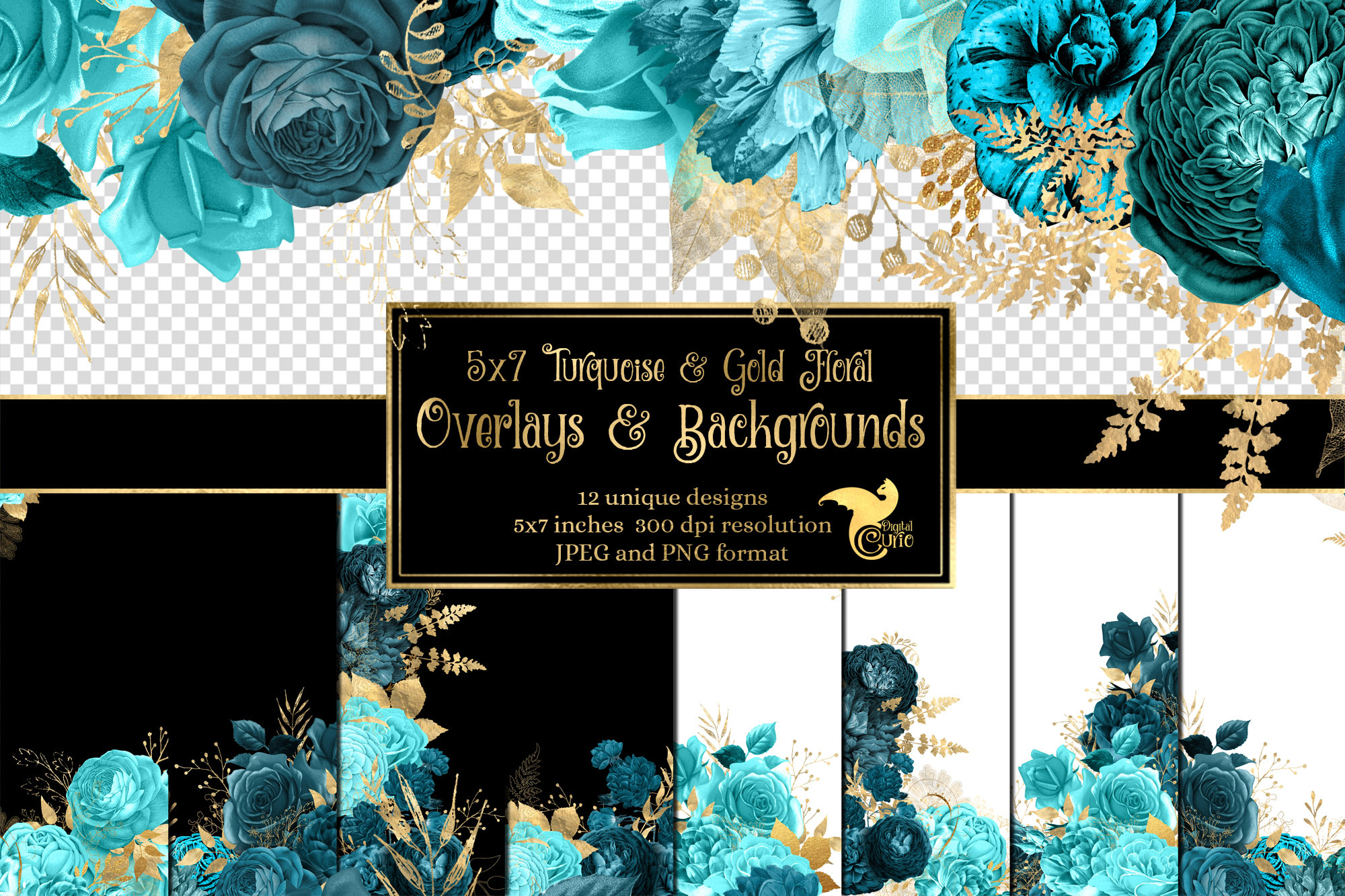 5x7 Turquoise and Gold Florals, an Illustration by Digital Curio