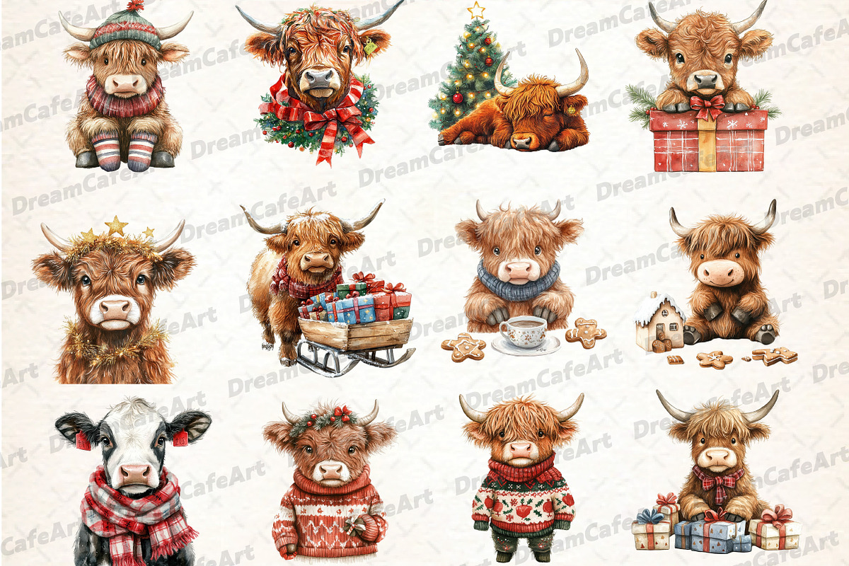 Cute Christmas Highland Cow Clipart, an Illustration by DreamCafeArt (Photo 2 of 5)