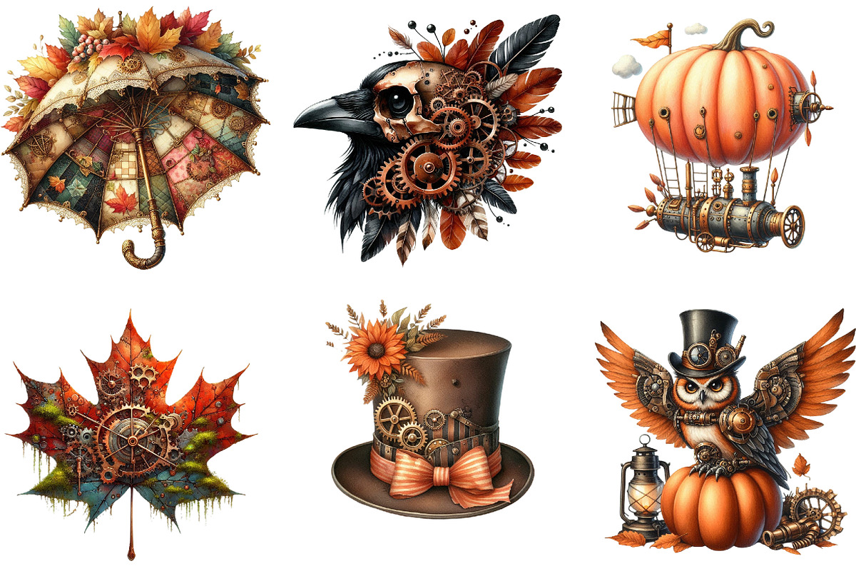 Watercolor Steampunk Autumn Clipart, a Seasonal Illustration by DreamArtGraphic (Photo 2 of 7)
