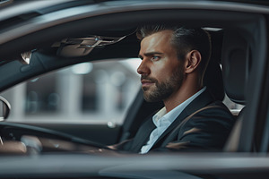 Businessman in expensive suit sitting in new luxury car, a Transportation Photo by AlyaAnd