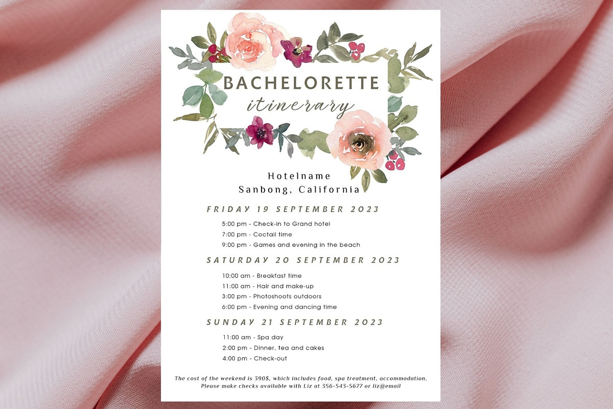 Floral Bachelorette party itinerary, an Invitation Template by EvaTemplates (Photo 4 of 8)