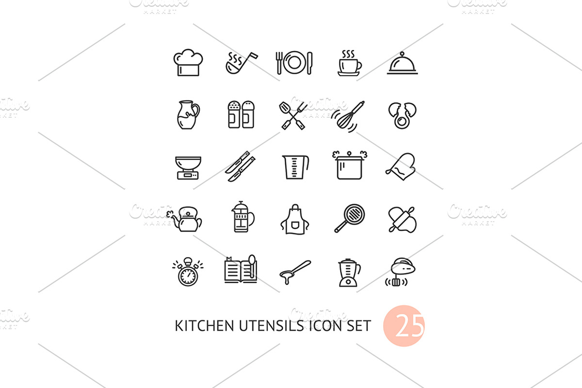Kitchen Utensils Thin Line Icons Set, an Outline Icon by Vector and Templates (Photo 2 of 2)