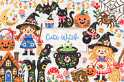 Cute Witch Halloween Clipart, a Decorative Illustration by BigCakeBee (Thumbnail 1 of 3)