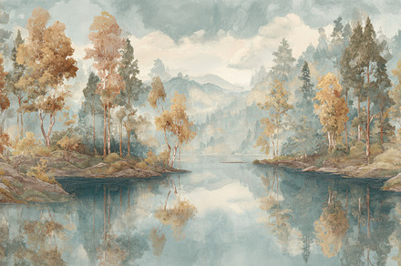 Misty Lake - Mural Wallpaper, a Decorative Illustration by Virgo Studio