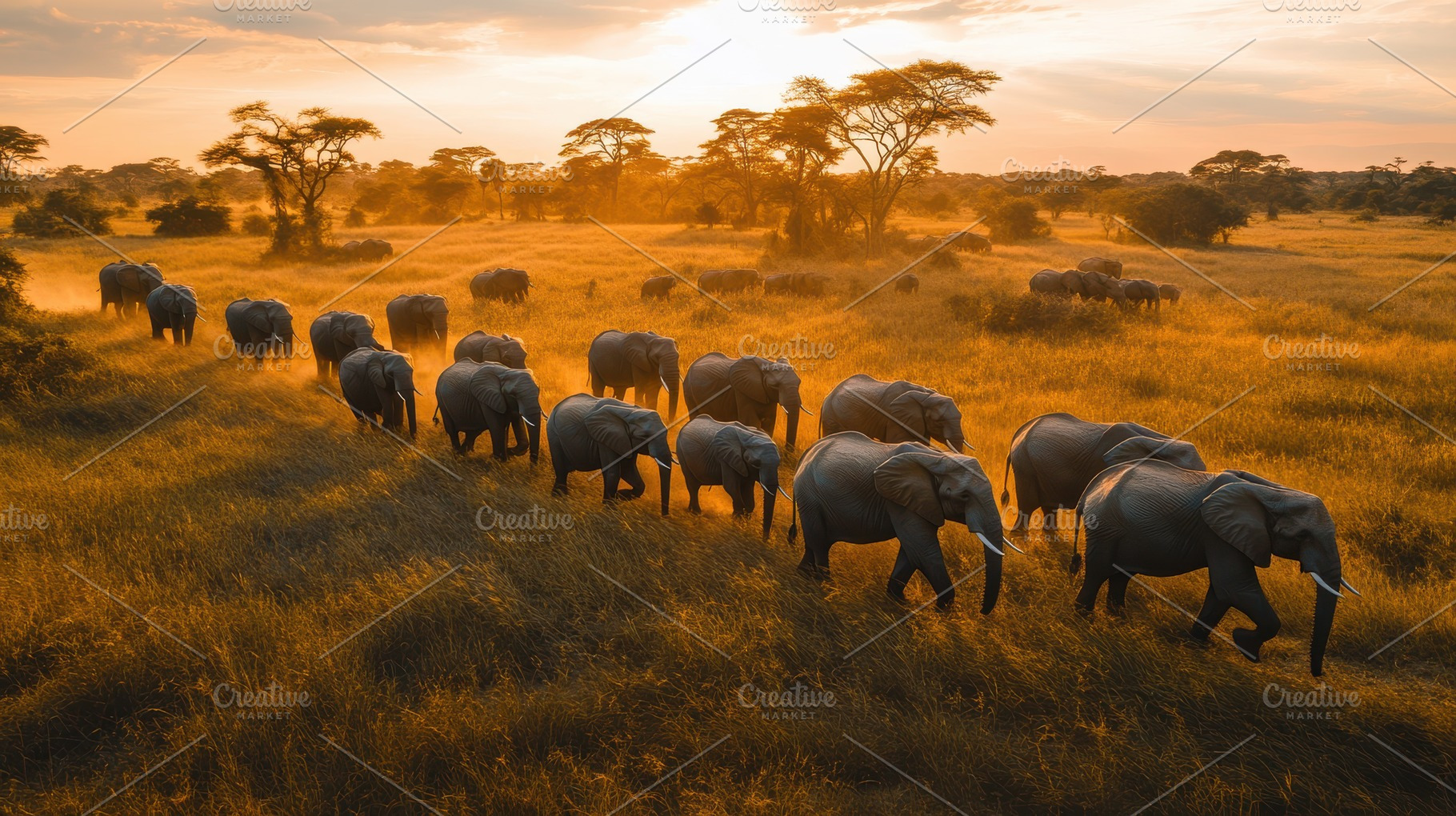 Elephant migration at sunset: A line, an Animal Photo by Pixeness Studio