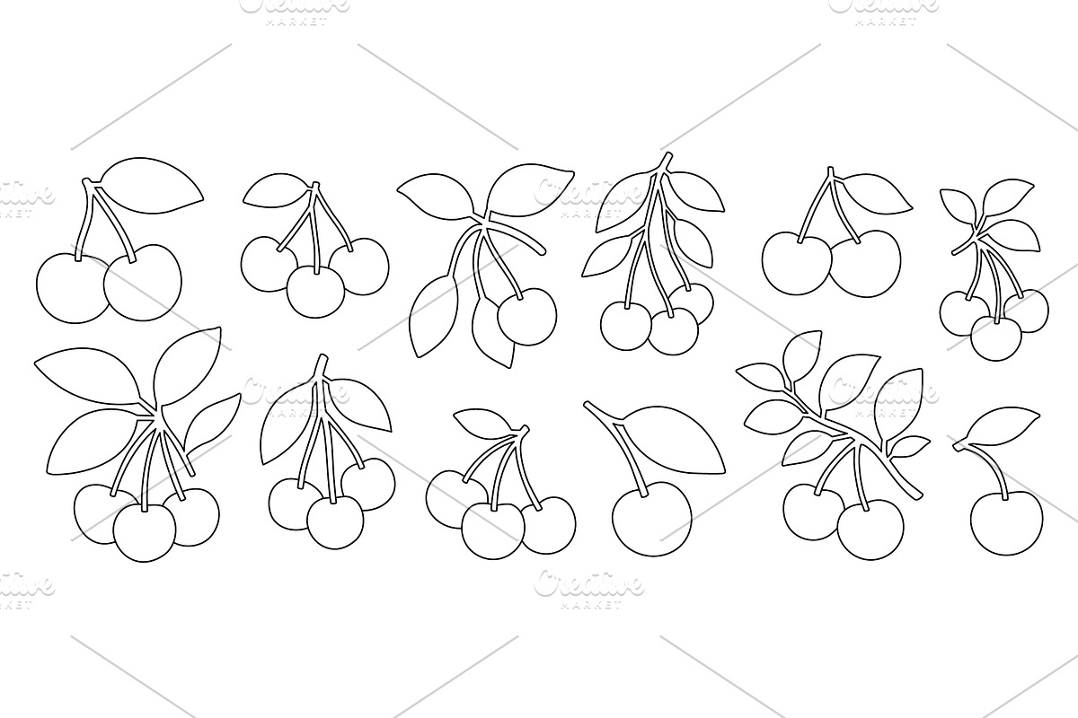Cherry fruit outline set. Minimalist, a Food Illustration by GraphiShop
