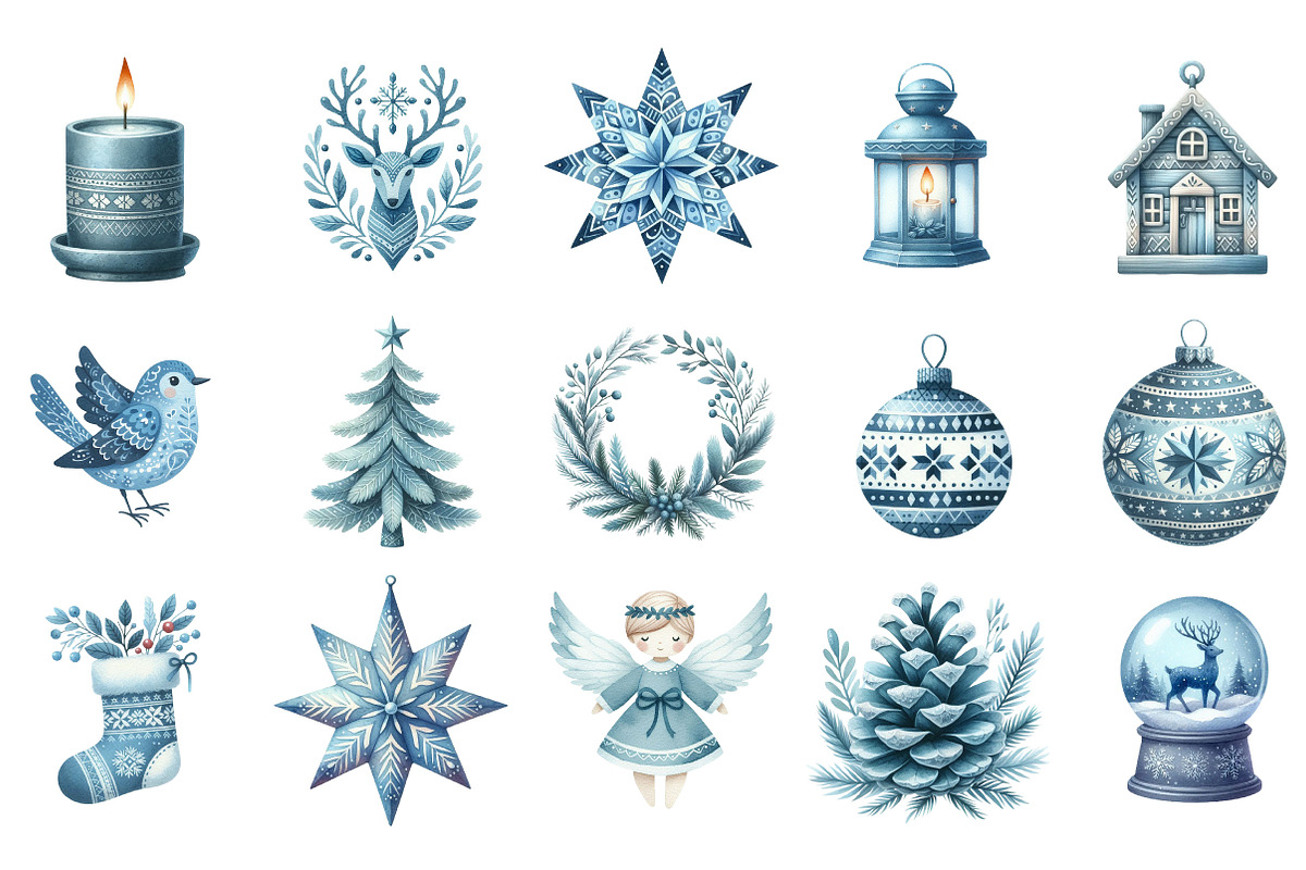 Scandinavian Blue Christmas Clipart, an Illustration by Designking (Photo 3 of 5)