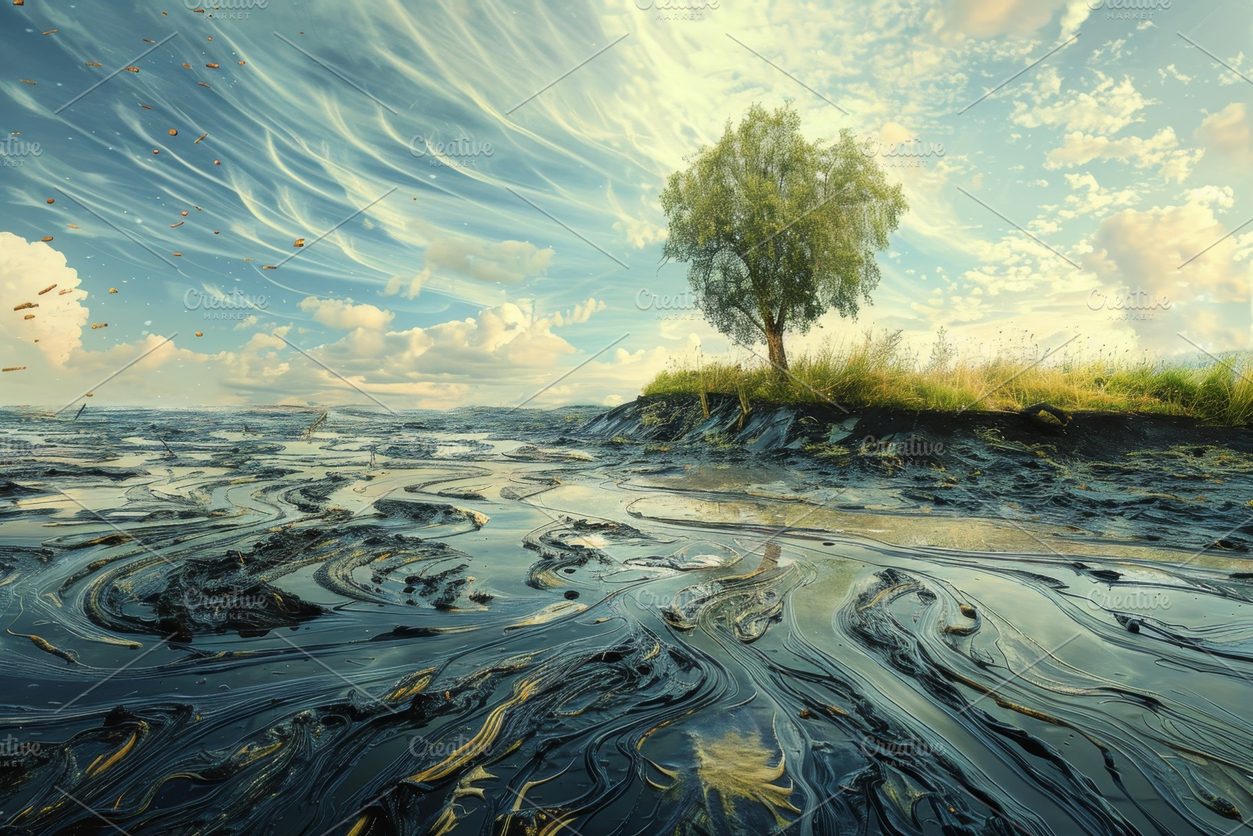 A lone tree rises from a small grass, a Photo by Tanuart