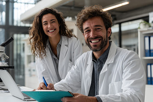 Smiling Scientists Working Together, a Photo by Pixeness Studio