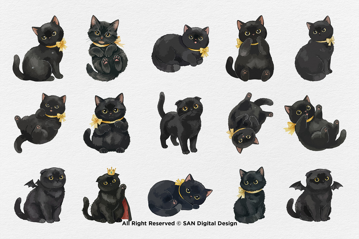 15 Bundle Watercolor Dark Cats Kiten, an Animal Illustration by Morspective (Photo 8 of 8)