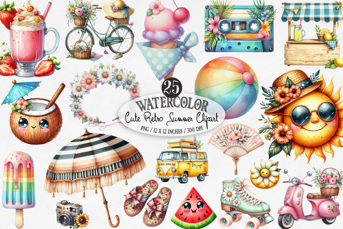 Cute Retro Summer Clipart, an Icon by Designking (Photo 1 of 4)