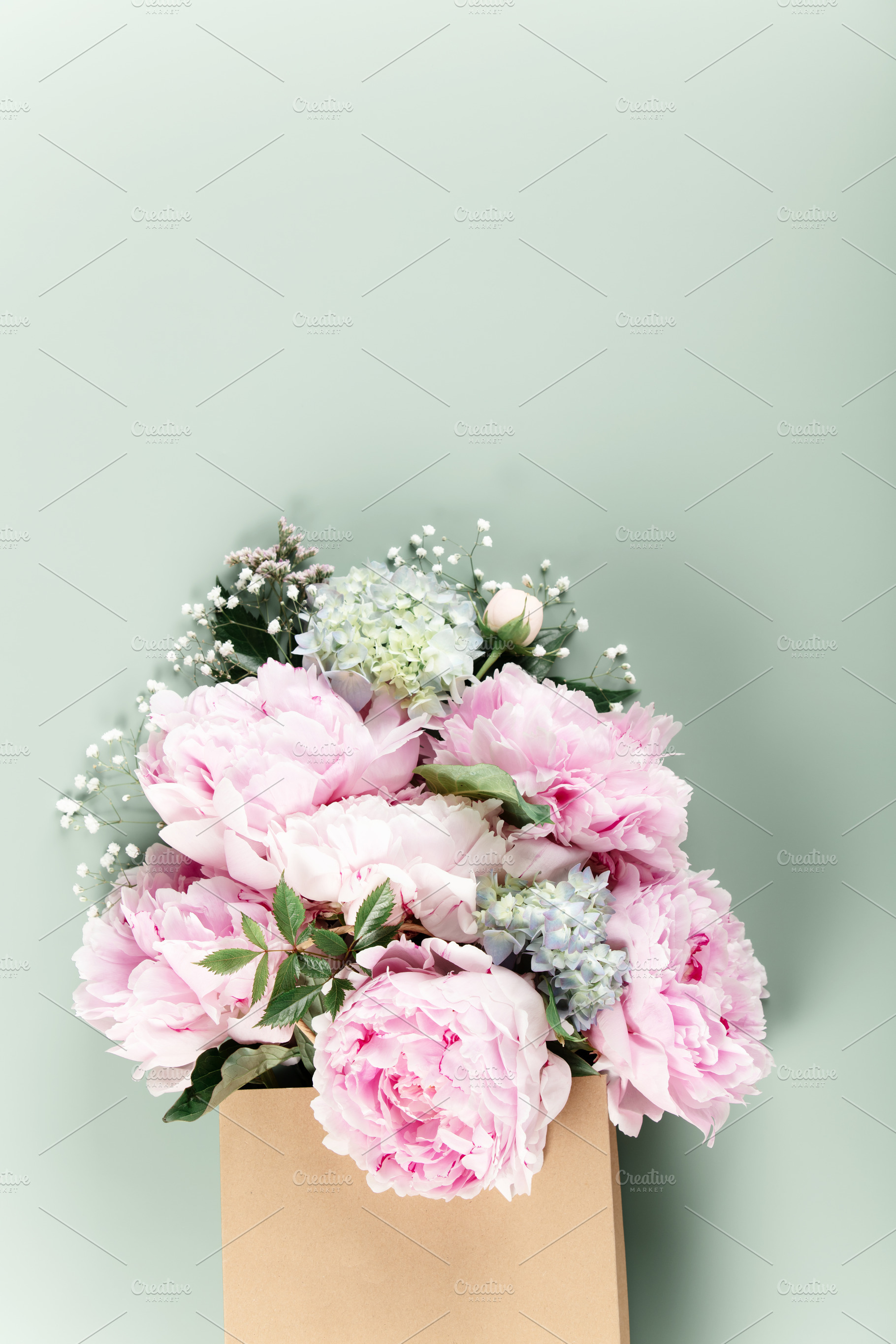 Fresh Pink Peonies and Hydrangeas in Kraft Paper Bag, a Holiday Photo by Natalia Klenova's Shop