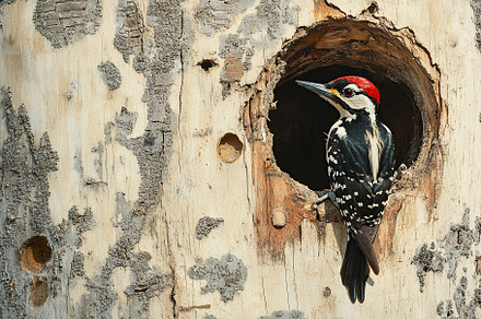 Woodpecker bird sitting in a hollow of tree trunk, an Animal Photo by AlyaAnd