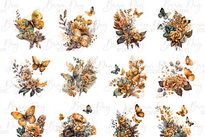 Golden Flowers And Butterfly Clipart