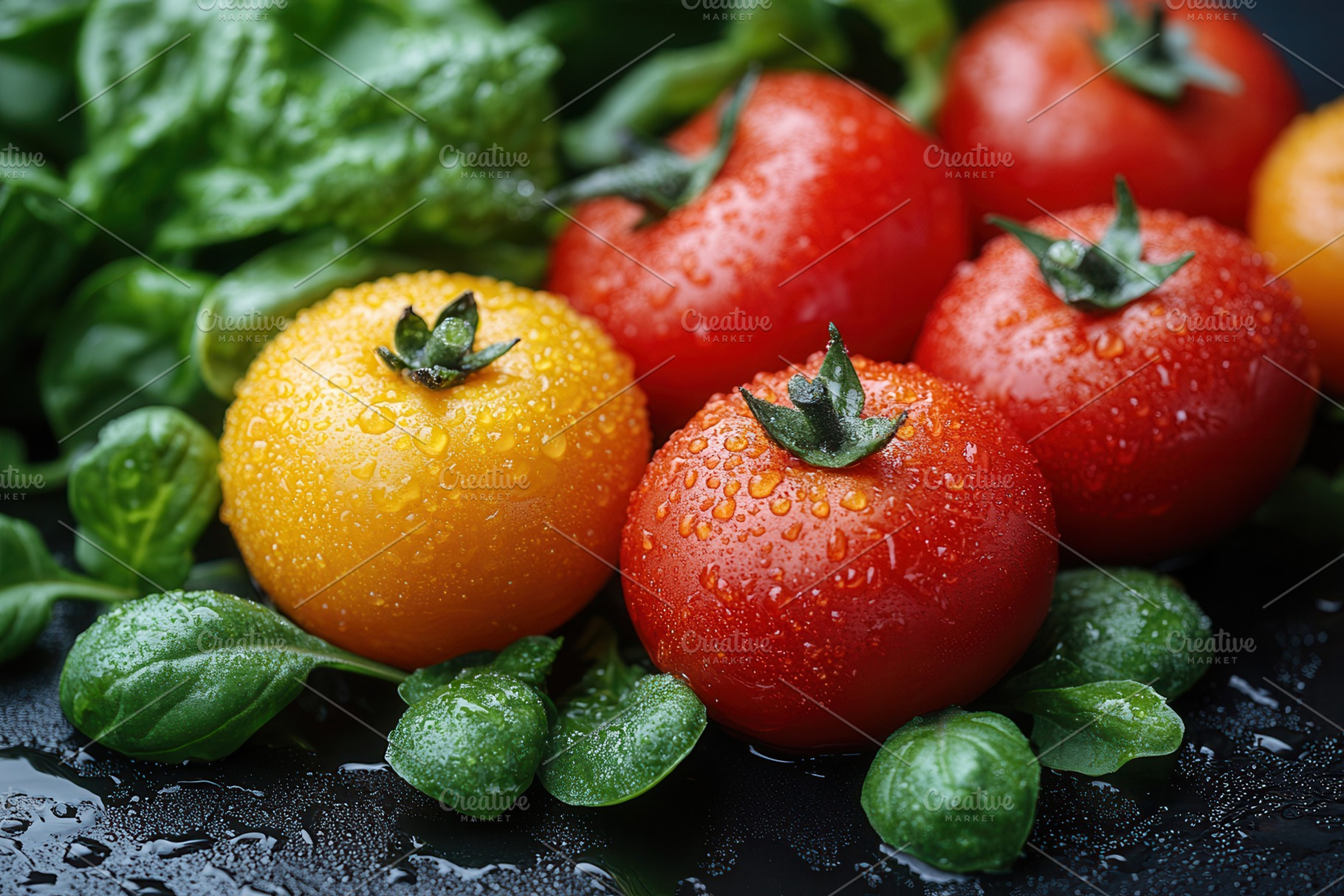 Freshly harvested tomatoes with drop, a Photo by Tanuart