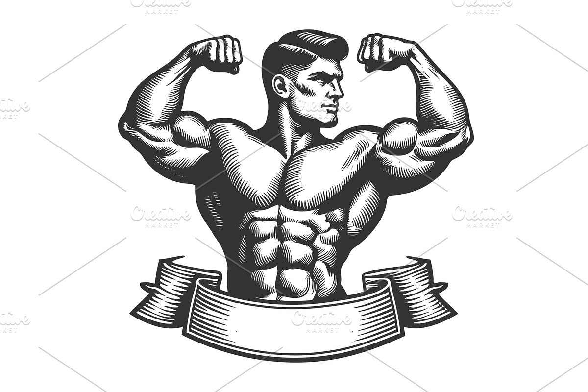 Classic Bodybuilder Flexing Muscles, a Sport Illustration by AlexArt