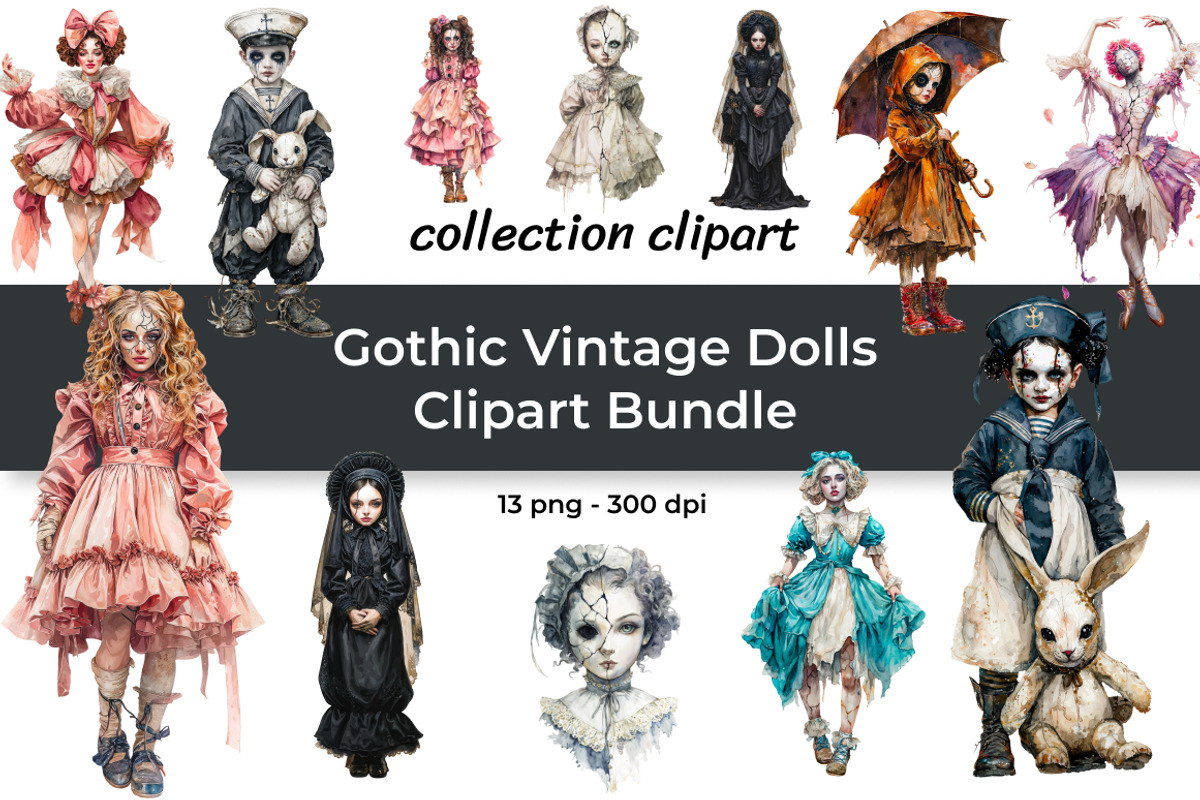 Gothic Vintage Dolls Clipart Bundle, a Person Illustration by InkyQueenArt (Photo 1 of 5)