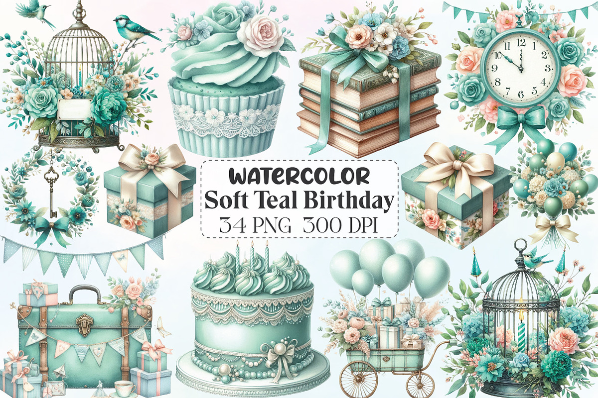 Vintage Soft Teal Birthday Clipart, an Illustration by CraftArtStudio (Photo 1 of 6)
