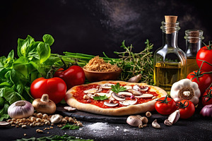 Illustration of tasty homemade pizza with fresh ingredients, a Food & Drink Photo by AlyaAnd