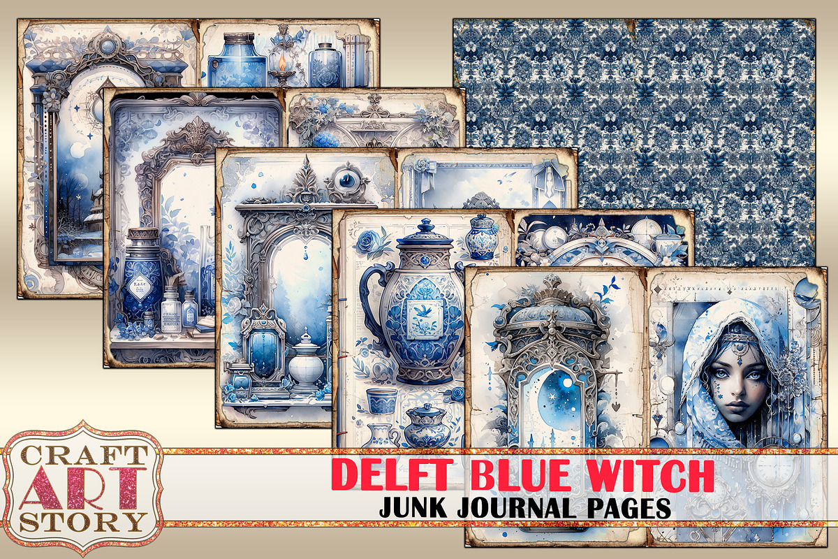 Delft Blue Witch Junk Journal Pages, a Person Illustration by CraftArtStory (Photo 3 of 5)