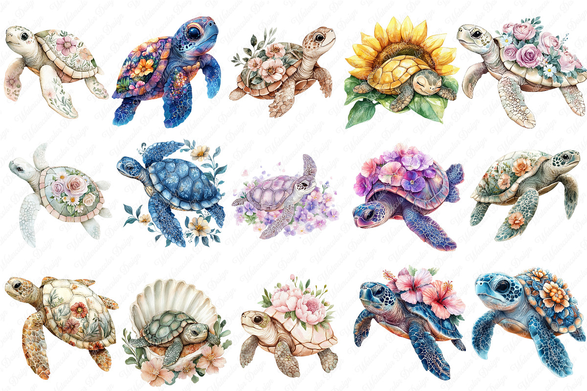 Watercolor Floral Sea Turtles, an Illustration by Watercolor design (Photo 2 of 11)