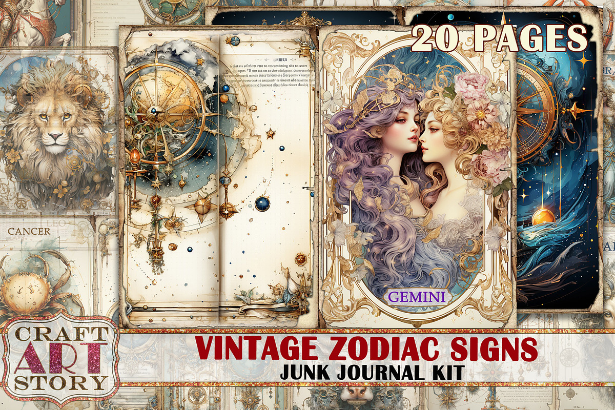 Vintage astrology junk journal Pages, a Seasonal Illustration by CraftArtStory (Photo 1 of 5)