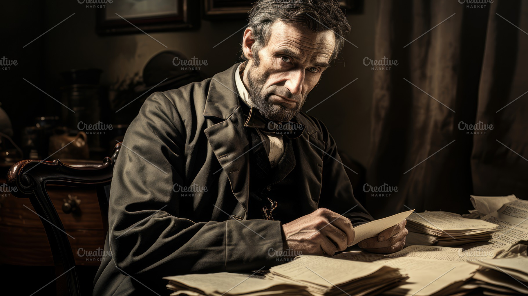 Abraham Lincoln Seated and Holding Documents in a Historical Setting, a Photo by AS photostudio