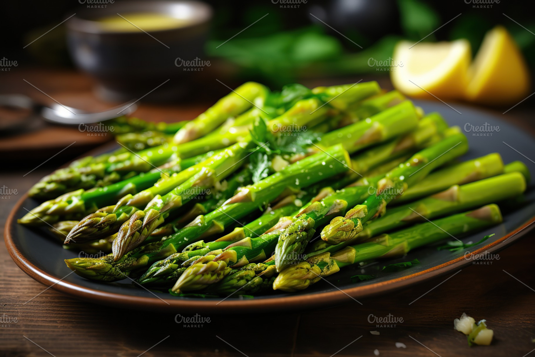 Baked asparagus with spices and lemon slices on wooden background, a Food & Drink Photo by AlyaAnd