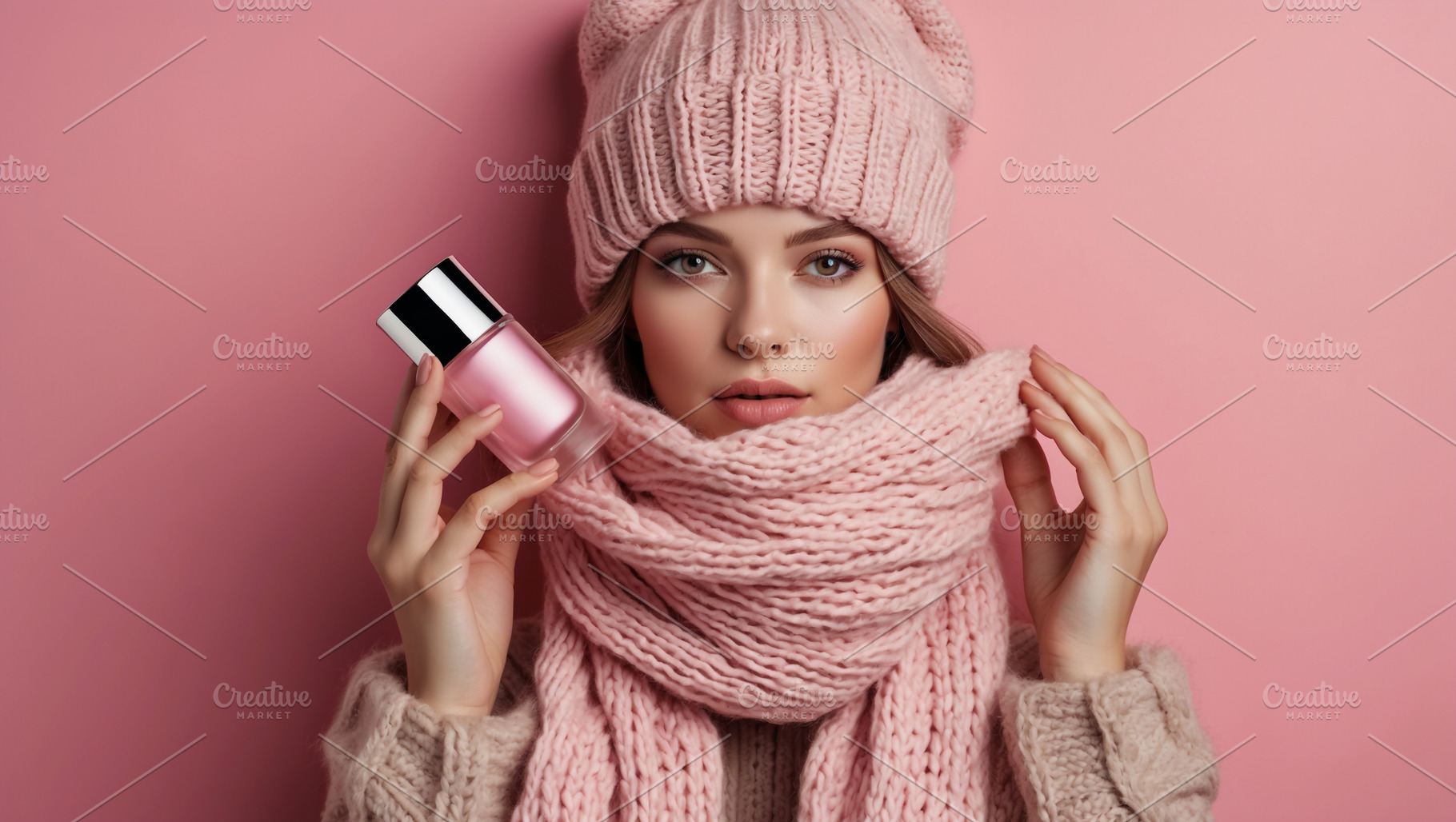 Young Woman In Pink Knit Hat And Sca, a Beauty & Fashion Photo by Stock Shape