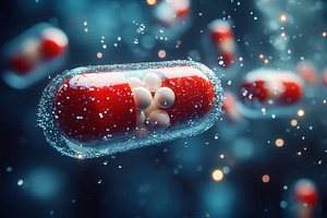 Floating capsules in a vibrant backg, a Photo by Tanuart