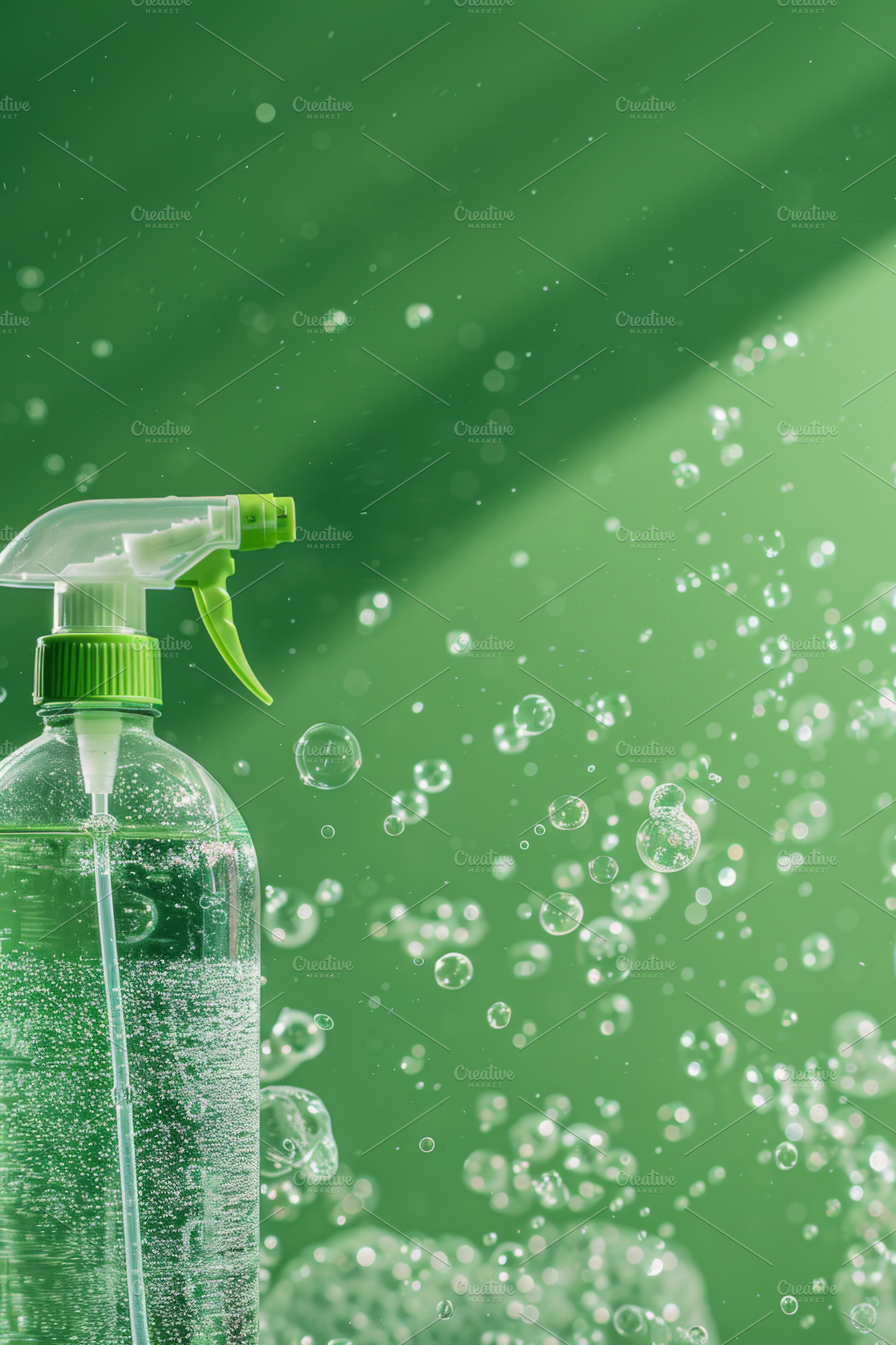 Spray bottle with green liquid and foam on green background, a Photo by Dvoevnore photos