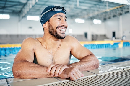 Happy athlete, relax or pool swimmer with cap or goggles in sports wellness, training or exercise for body muscle. Workout, fitness or swimming man with smile, water competition goals or healthcare, a Photo by Peopleimages.com