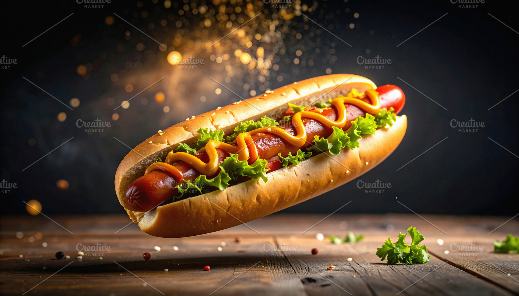Classic hot dog floating in mid air with toppings, an Animal Photo by GoodGoods