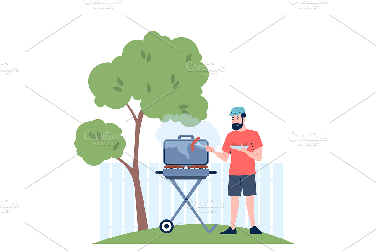 Man bbq. Flat guy grilled sausages, a Food Illustration by LadadikArt