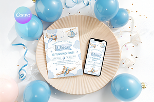Airplane First Birthday Invite Set, a Templates & Theme by VeliusCreativeStudio