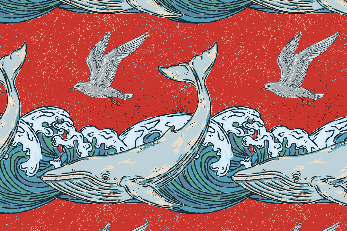 Whale, Waves, Seagull, a Pattern Graphic by NayaChu (Photo 6 of 9)