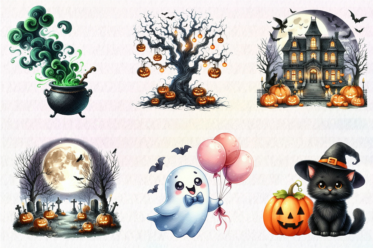 Watercolor Cute Halloween Clipart, an Illustration by CreationArt (Photo 4 of 6)