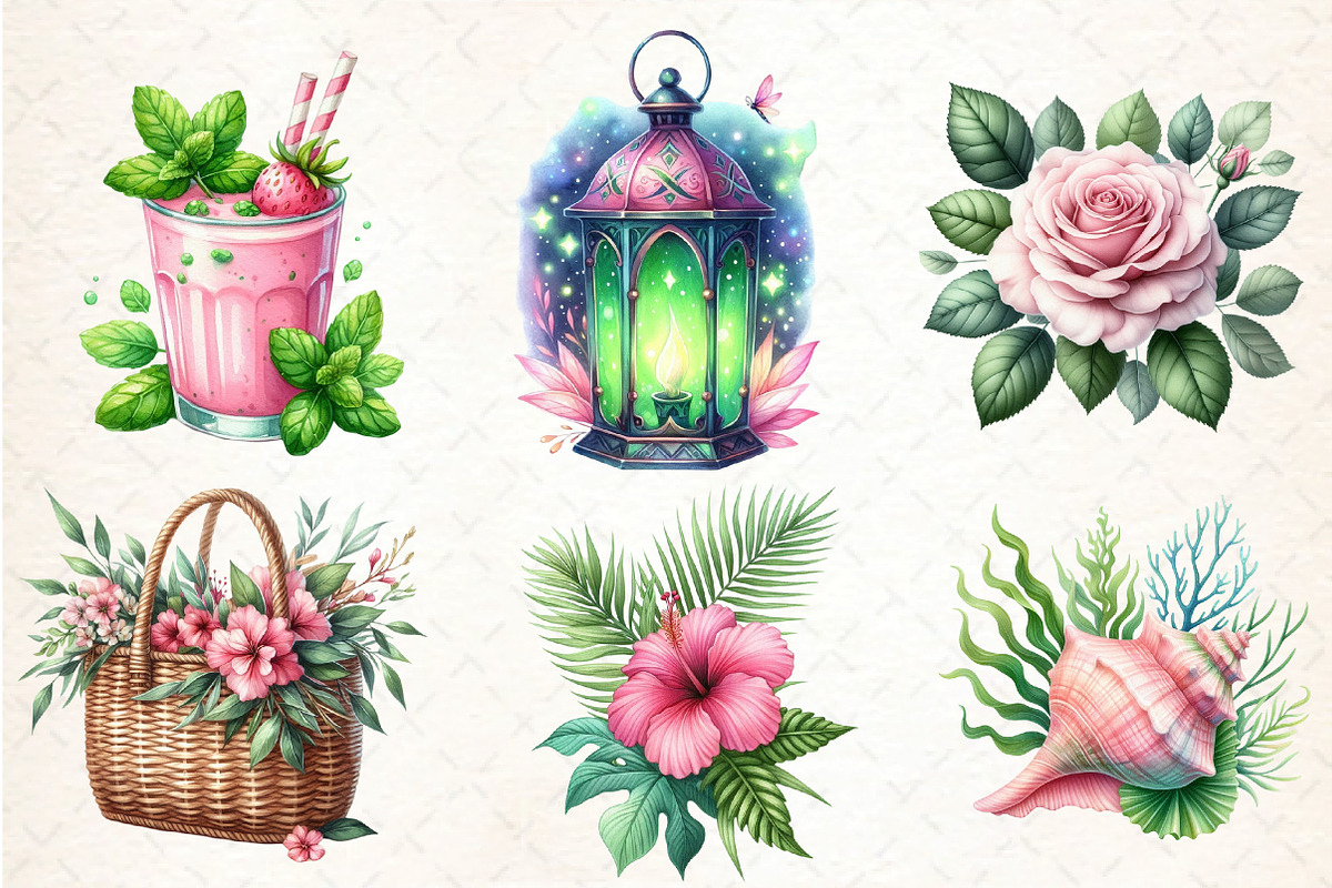 Pink and Green Summer Clipart, an Illustration by DreamCafeArt (Photo 2 of 4)