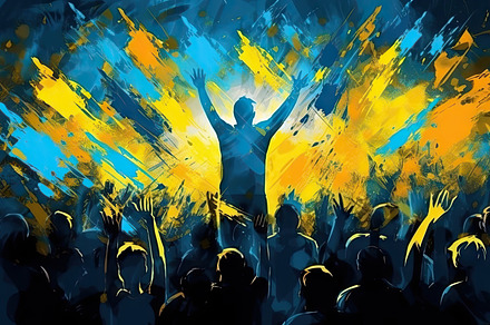 People in front of a blue and yellow painted background. Ukraine, a Background Photo by AS photostudio