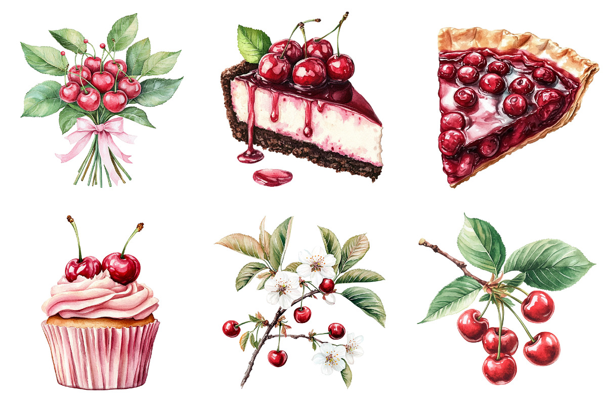 Watercolor Cherry Clipart, a Seasonal Illustration by CitraGraphics (Photo 6 of 8)