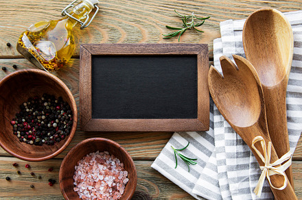 Empty chalk board and kitchen utensils, a Food & Drink Photo by Olena Rudo