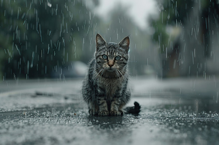 Wet homeless cat on a street in the rain, an Animal Photo by AlyaAnd