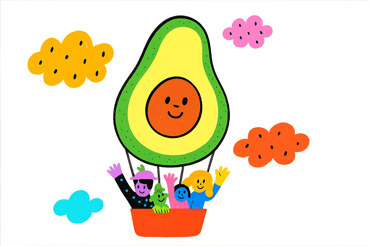 Surreal animated avocado with smilin, an Illustration by Dvoevnore photos