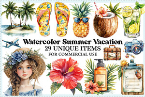 Watercolor Summer Vacation Clipart, an Illustration by Craft Nest