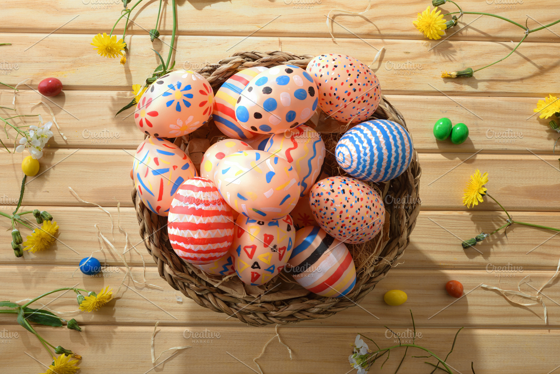 Colorful Easter Eggs in Rustic Wicker Basket, a Holiday Photo by Davizro's Market