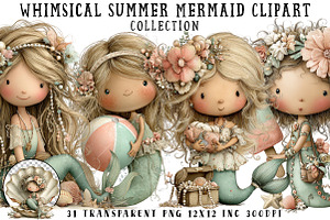 Whimsical Summer Mermaid Clipart, an Illustration by OK Design