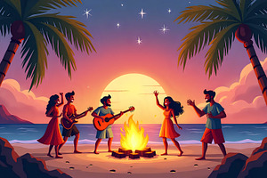 Island Bonfire Party With Guitar And, a Photo by LOGOCREATIVE