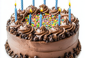 A chocolate birthday cake with candl, a Food & Drink Photo by Pixeness Studio