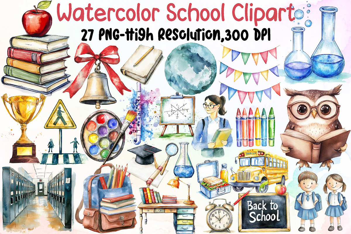 Watercolor School Clipart, an Illustration by Sublimation Artist (Photo 1 of 6)