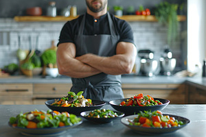 Male chef cooking vegan dishes in the kitchen, a Food & Drink Photo by AlyaAnd